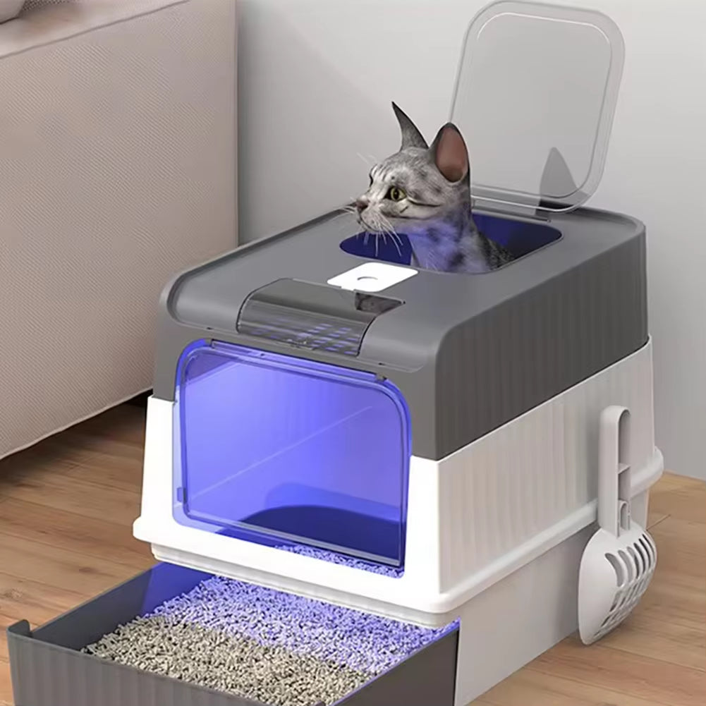 Cat Litter Box with UVC Ultraviolet Function Large Enclosed Top Entry Anti-Splashing Litter Box with Lid Convenient Auto-Off